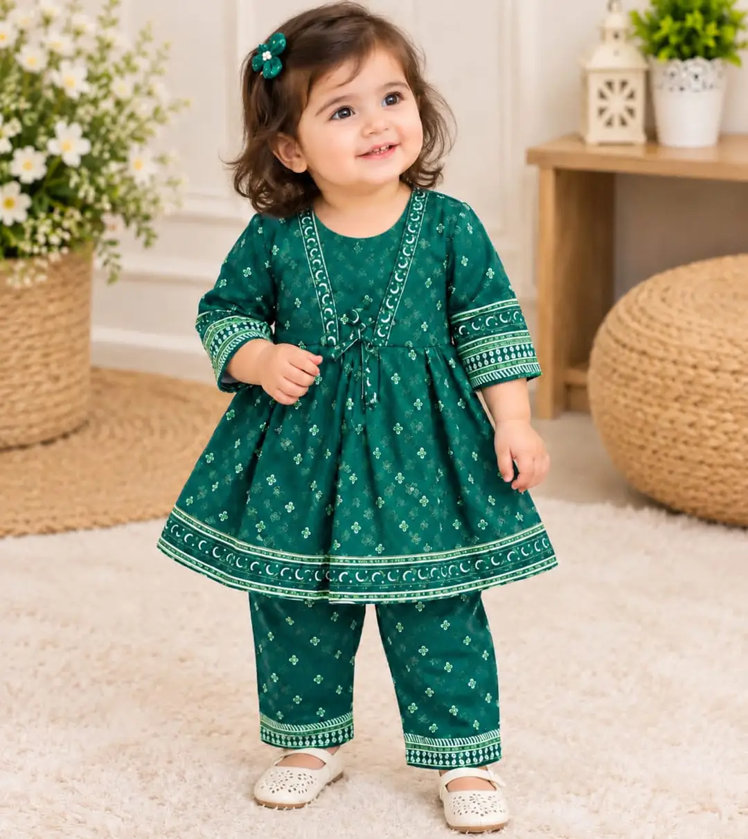 2 Pcs Girl's Khaddar Printed Frock And Trouser Set
