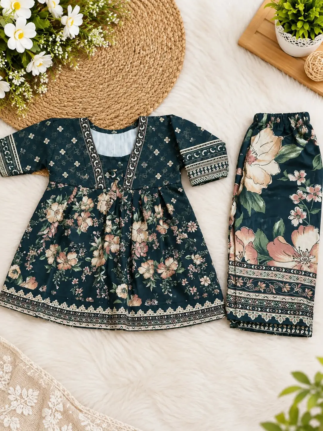 2 Pcs Girl's Khaddar Printed Frock And Trouser Set