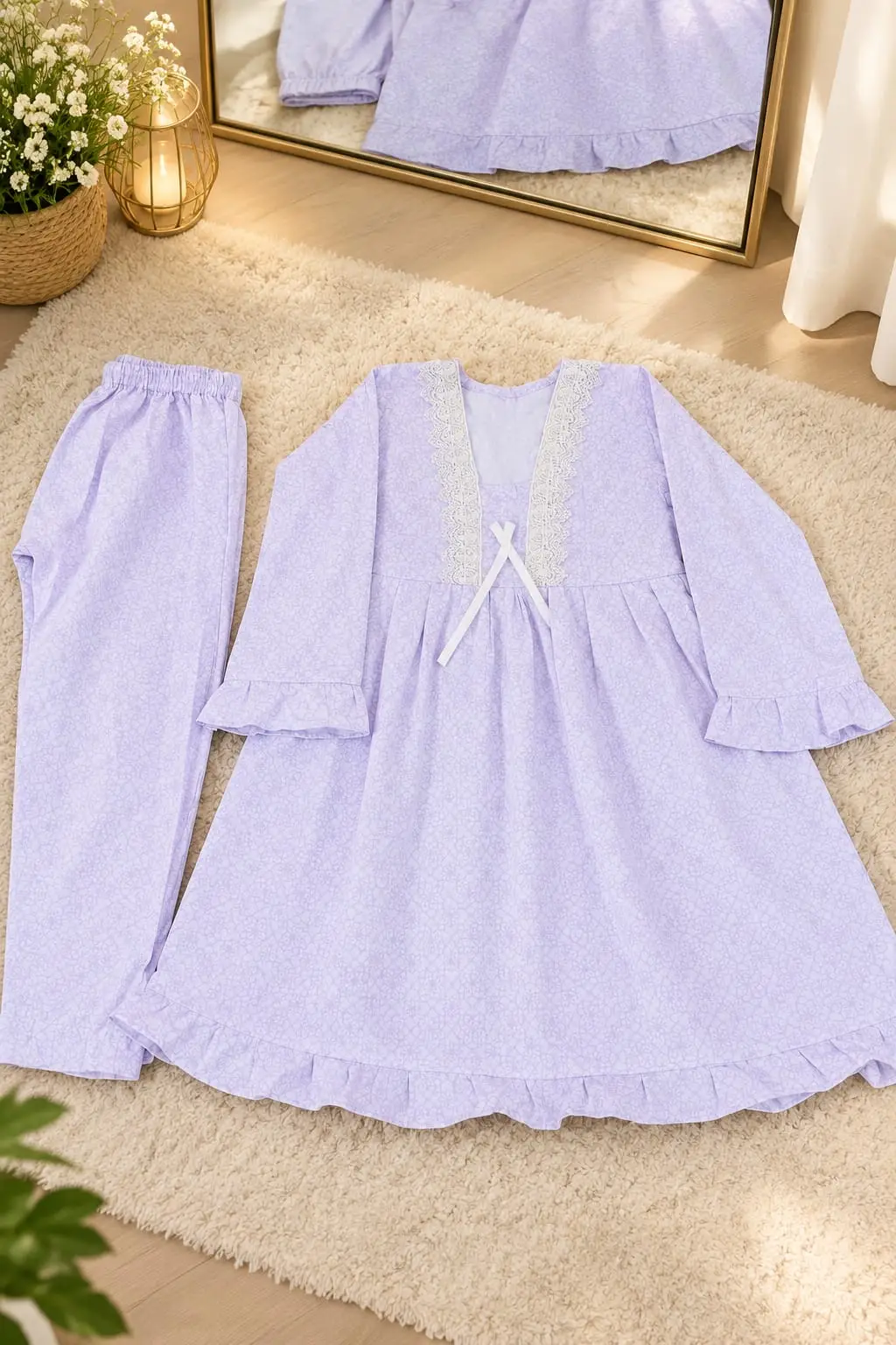 2 Pcs Girl's Cotton Printed Frock And Trouser Set