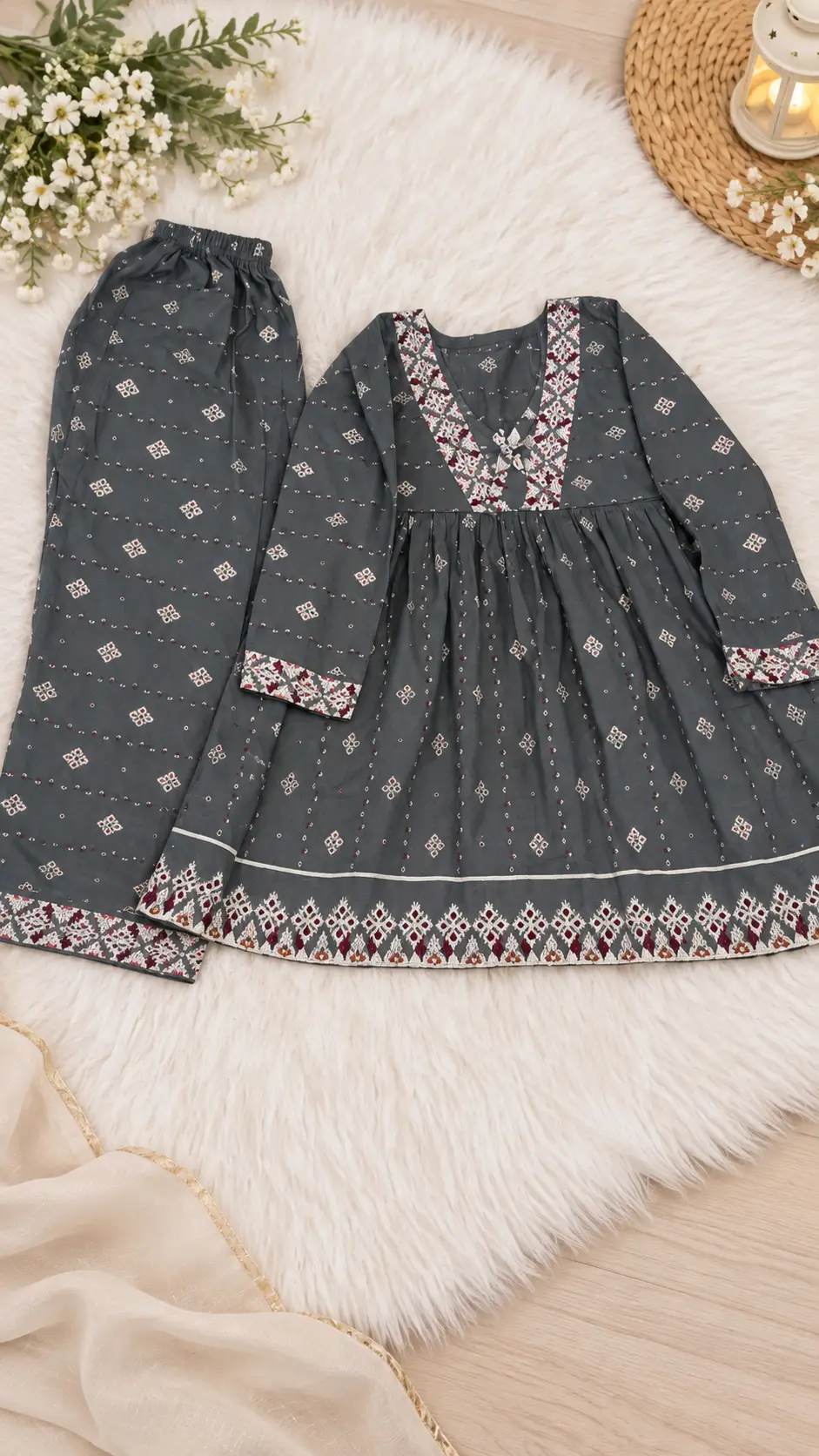 2 Pcs Girl's Khaddar Printed Frock And Trouser Set