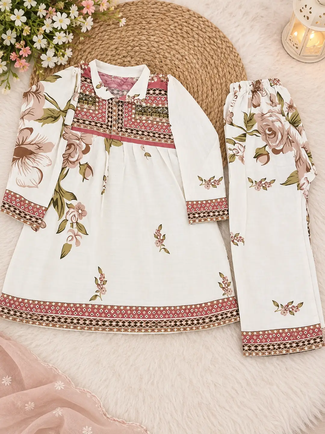 2 Pcs Girl's Khaddar Printed Frock And Trouser Set