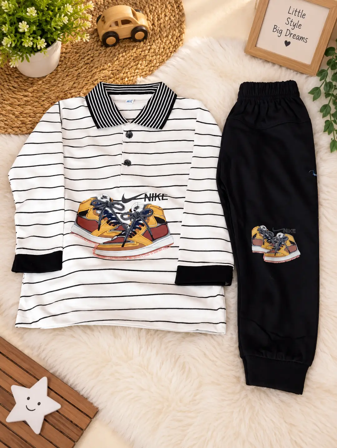 2 Pcs Boy's Cotton Jersey Printed Shirt And Trouser Suit