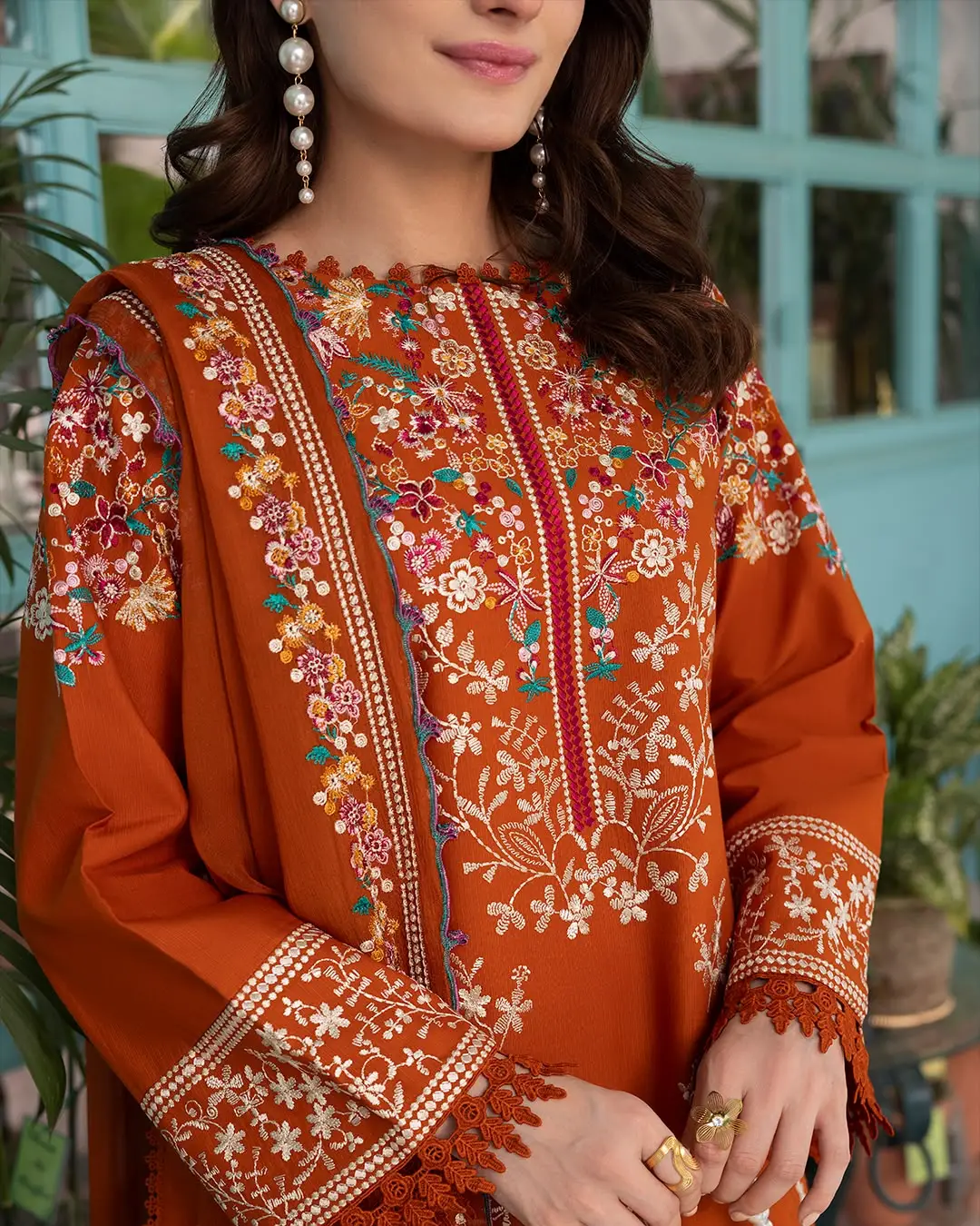 Rust Royal 3 Pcs Women's Stitched Linen Embroidered Suit