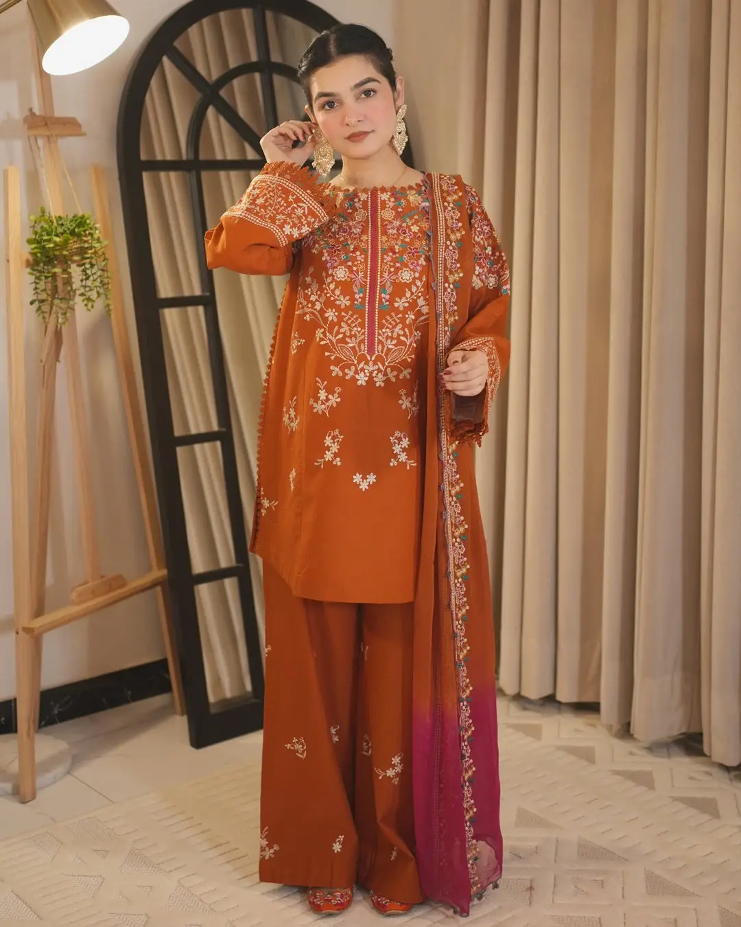 Rust Royal 3 Pcs Women's Stitched Linen Embroidered Suit