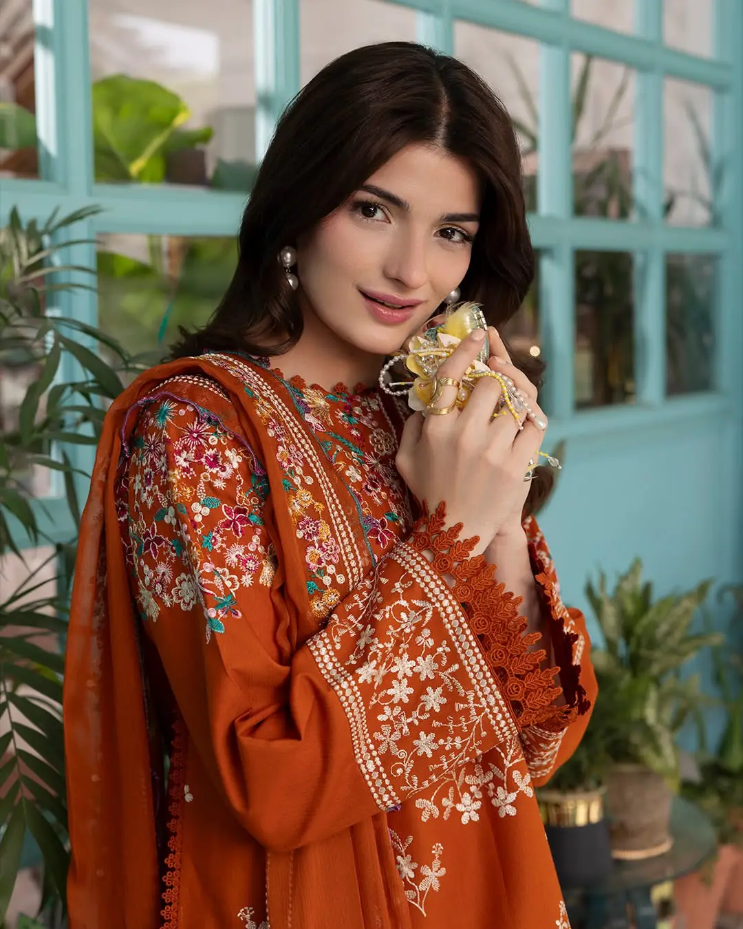 Rust Royal 3 Pcs Women's Stitched Linen Embroidered Suit