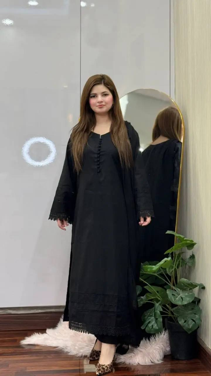 black long lace 3 Pcs Women's Stitched Linen Lace Work Suit