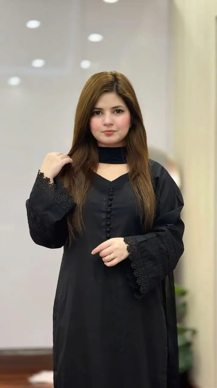 black long lace 3 Pcs Women's Stitched Linen Lace Work Suit