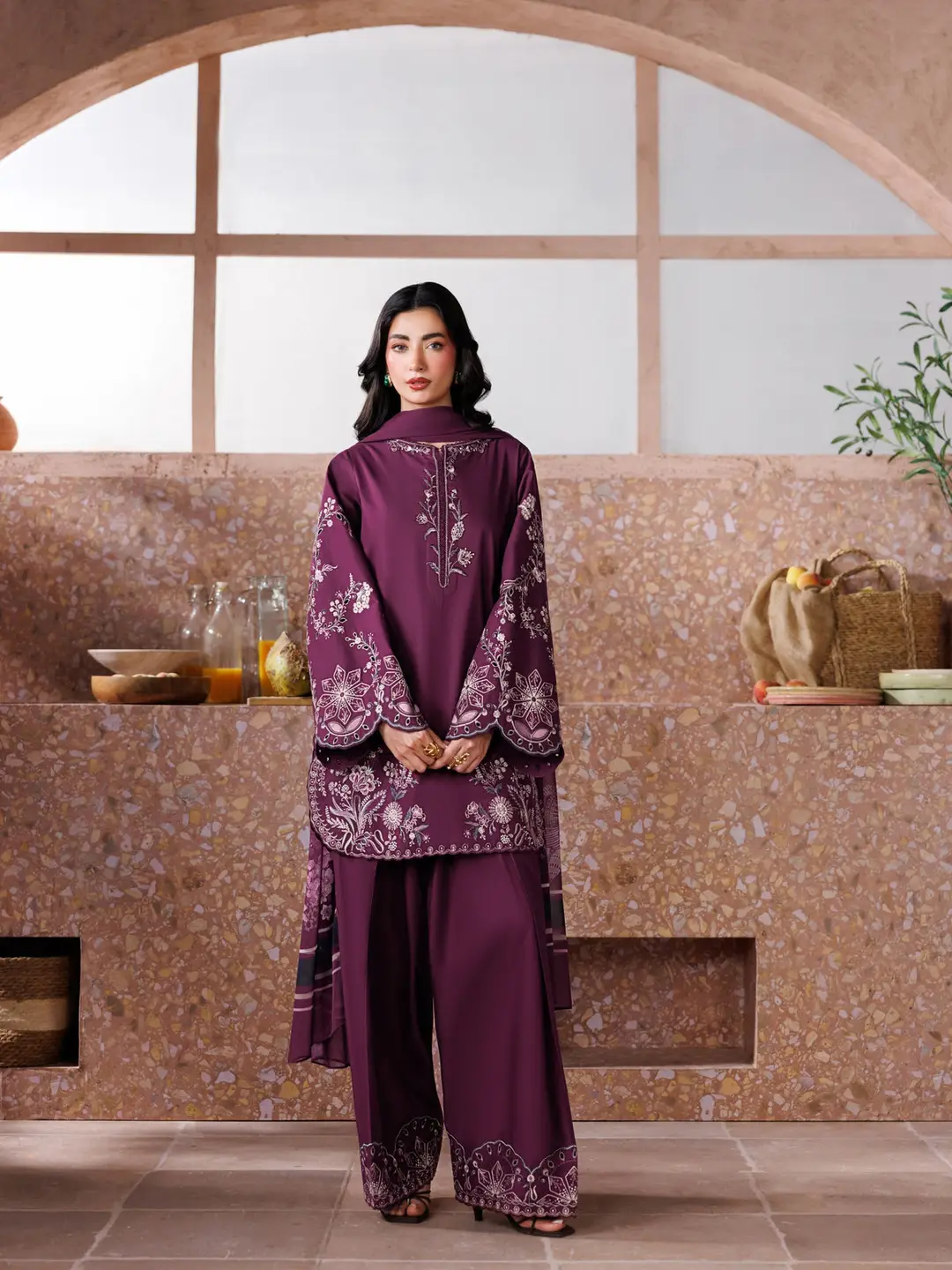 Plum Grace 3 Pcs Women's Stitched Linen Embroidered Suit