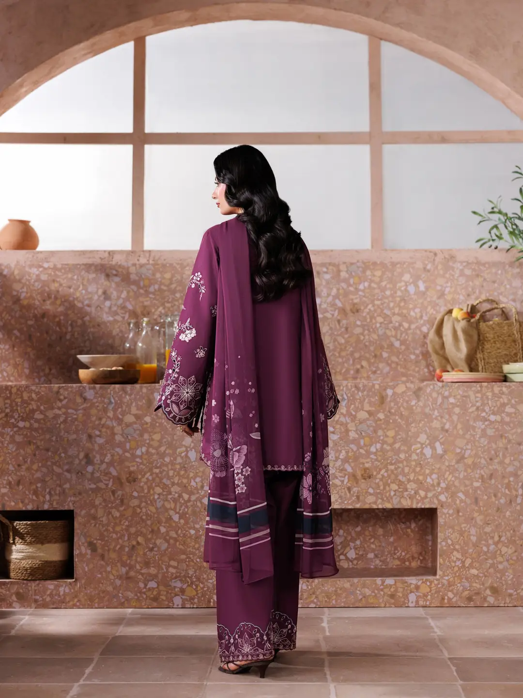 Plum Grace 3 Pcs Women's Stitched Linen Embroidered Suit