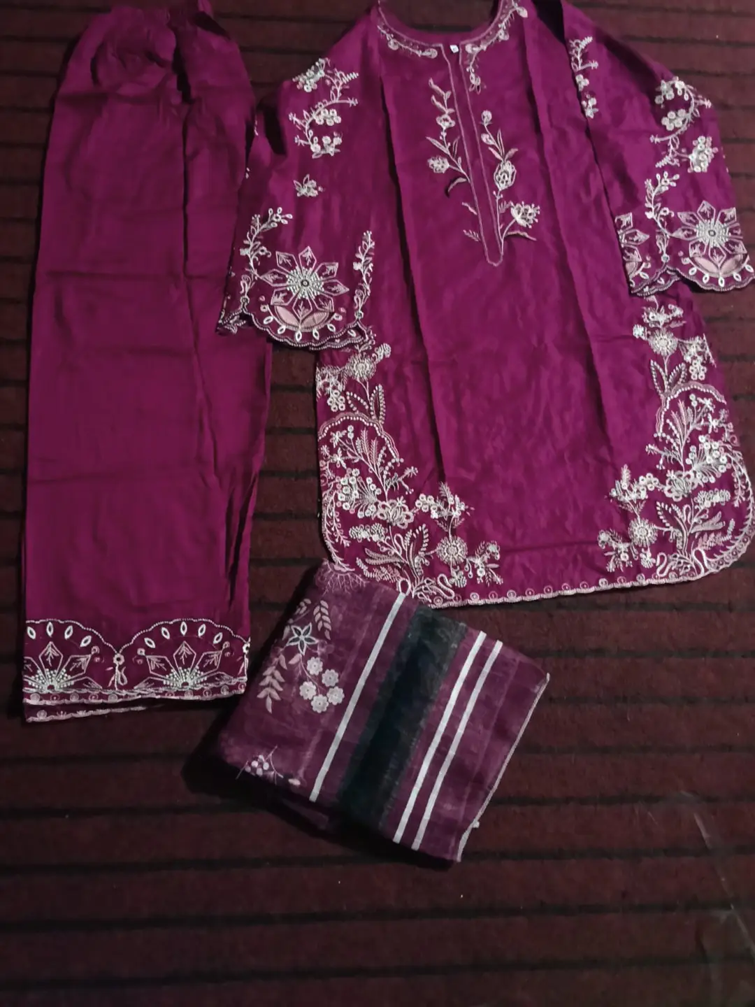 Plum Grace 3 Pcs Women's Stitched Linen Embroidered Suit