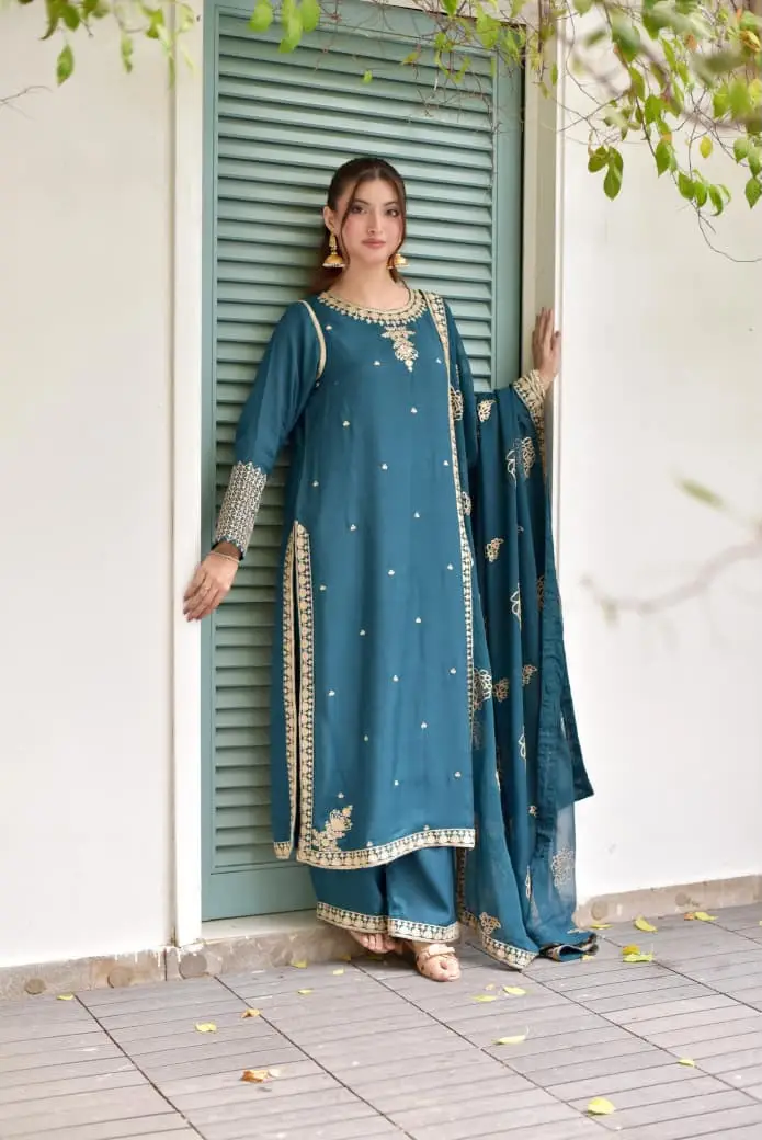 Zimal 3 Pcs Women's Stitched Linen Embroidered Suit