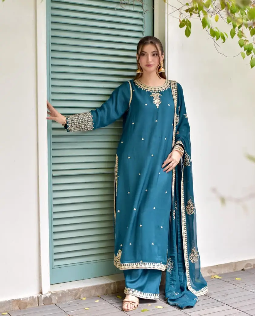 Zimal 3 Pcs Women's Stitched Linen Embroidered Suit