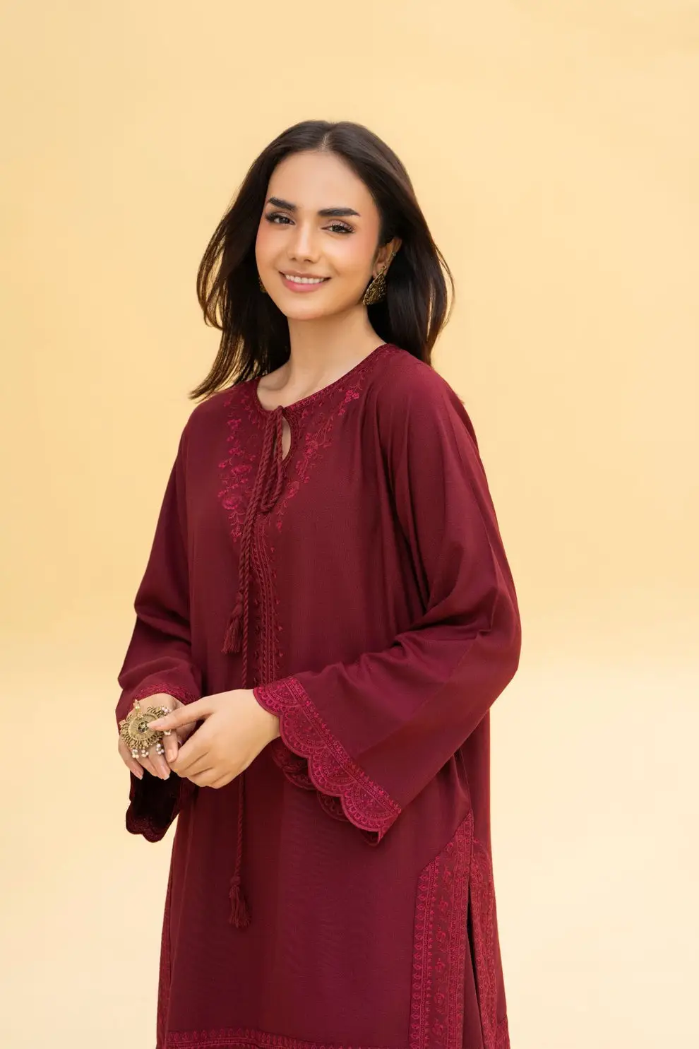 Ayla Maroon 3 Pcs Women's Stitched Linen Embroidered Suit