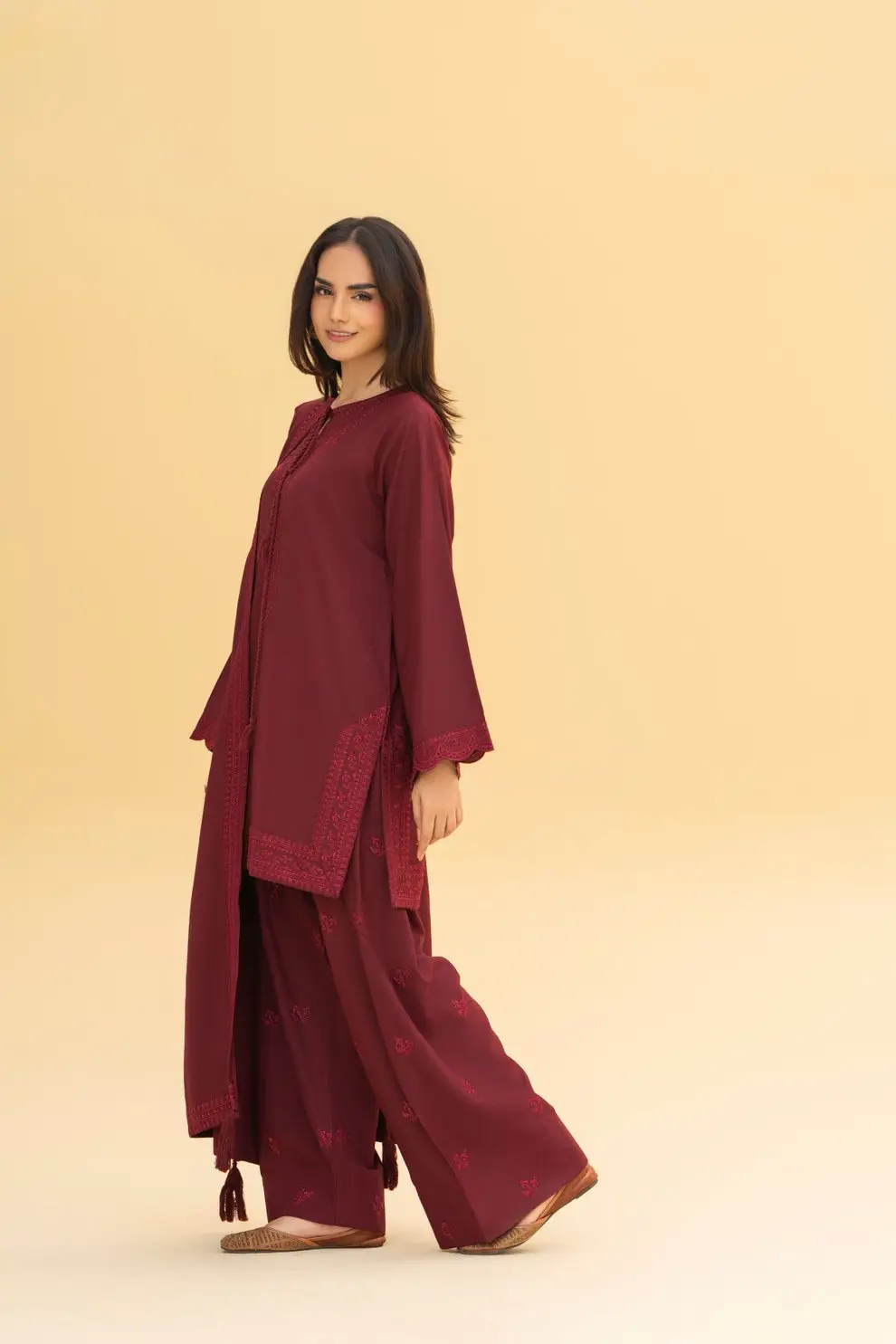 Ayla Maroon 3 Pcs Women's Stitched Linen Embroidered Suit