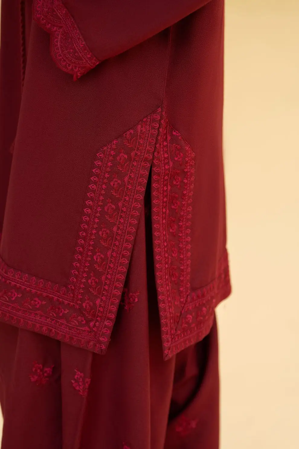 Ayla Maroon 3 Pcs Women's Stitched Linen Embroidered Suit