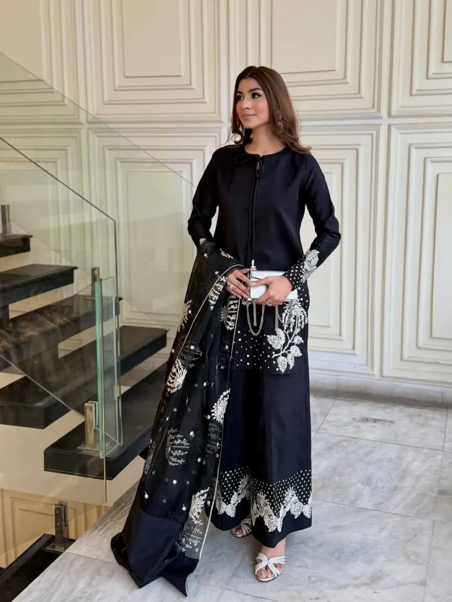 3 Pcs Women's Stitched Linen Sequins Embroidered Suit