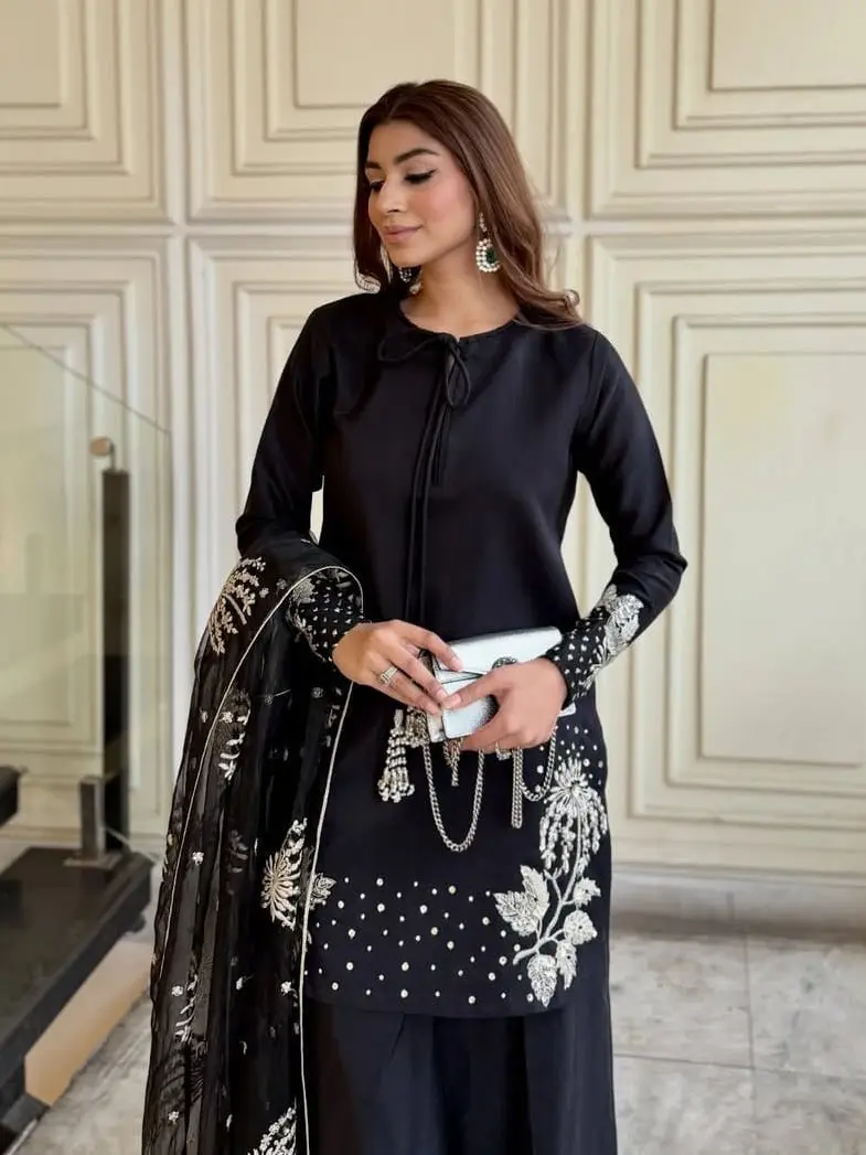 3 Pcs Women's Stitched Linen Sequins Embroidered Suit