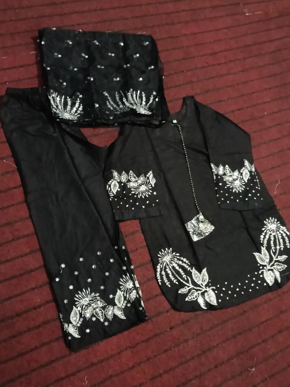 3 Pcs Women's Stitched Linen Sequins Embroidered Suit