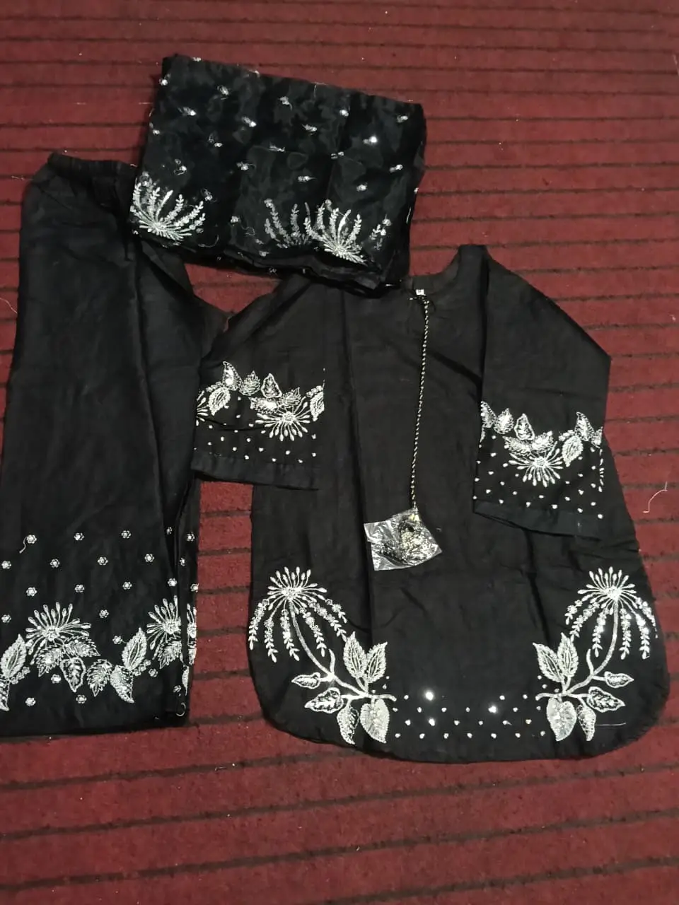 3 Pcs Women's Stitched Linen Sequins Embroidered Suit