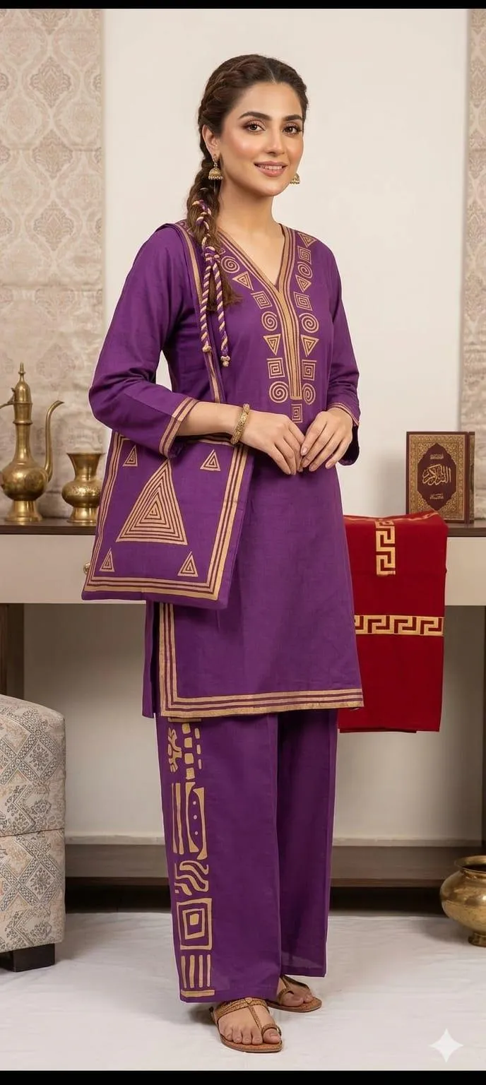 Purple Linen Printed 3Pc Set with Bag