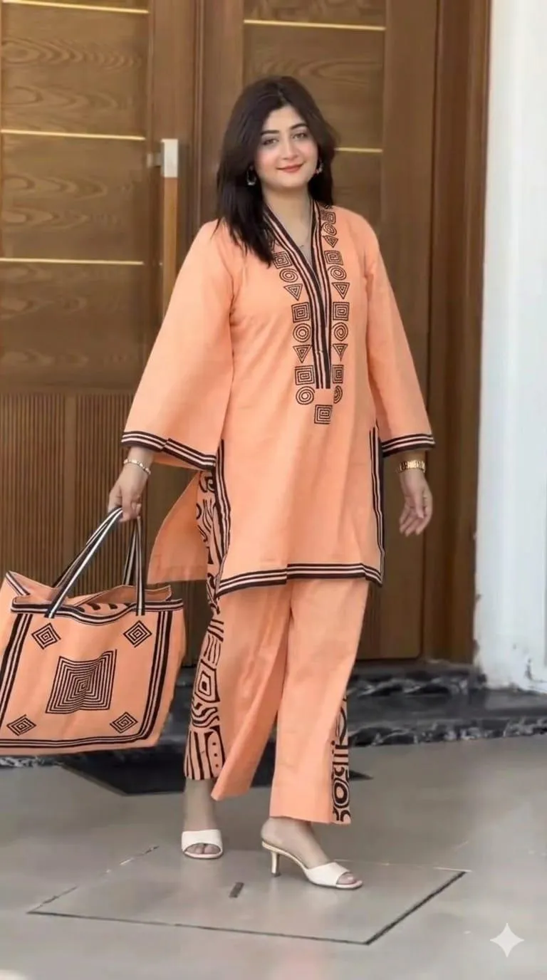 Beige Printed Linen 3Pc Set Shirt Trouser Bag