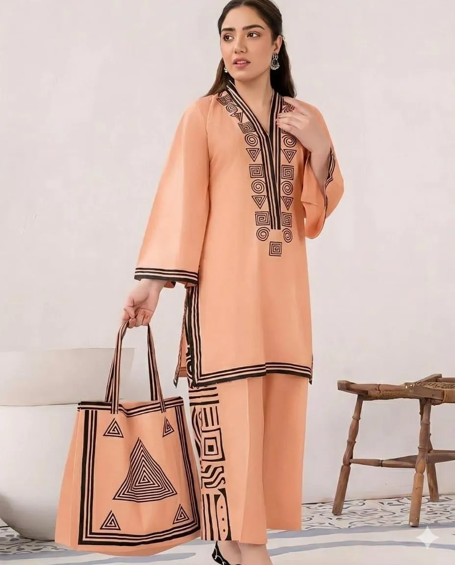 Beige Printed Linen 3Pc Set Shirt Trouser Bag