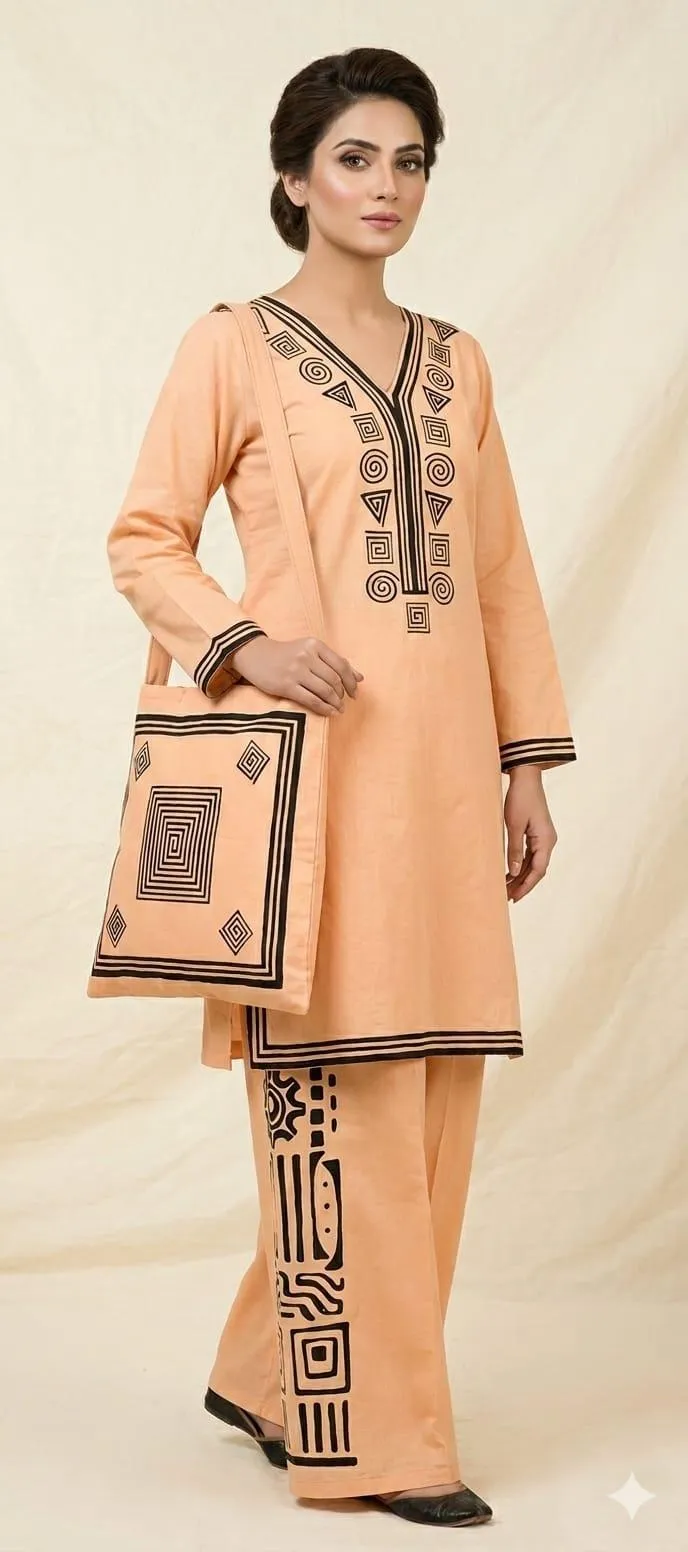Beige Printed Linen 3Pc Set Shirt Trouser Bag