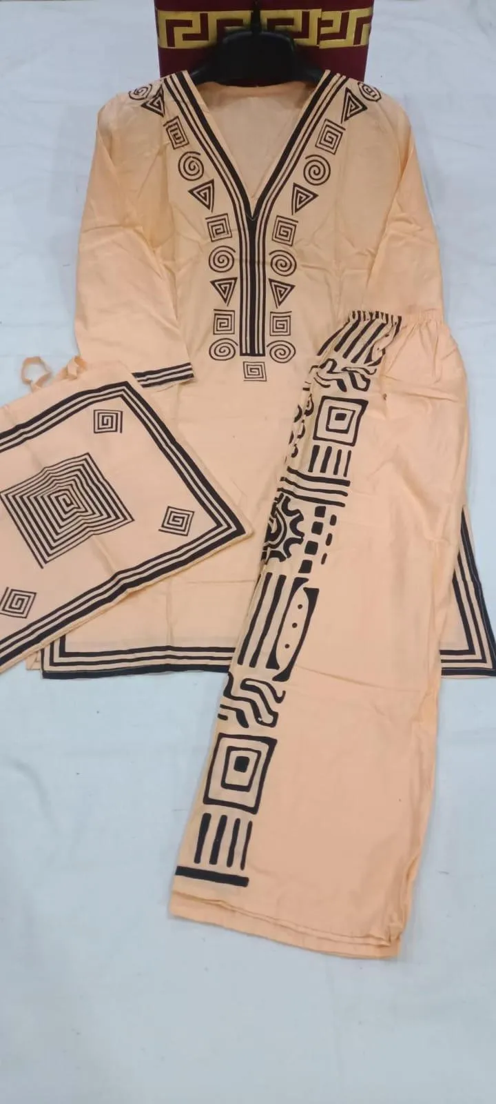 Beige Printed Linen 3Pc Set Shirt Trouser Bag