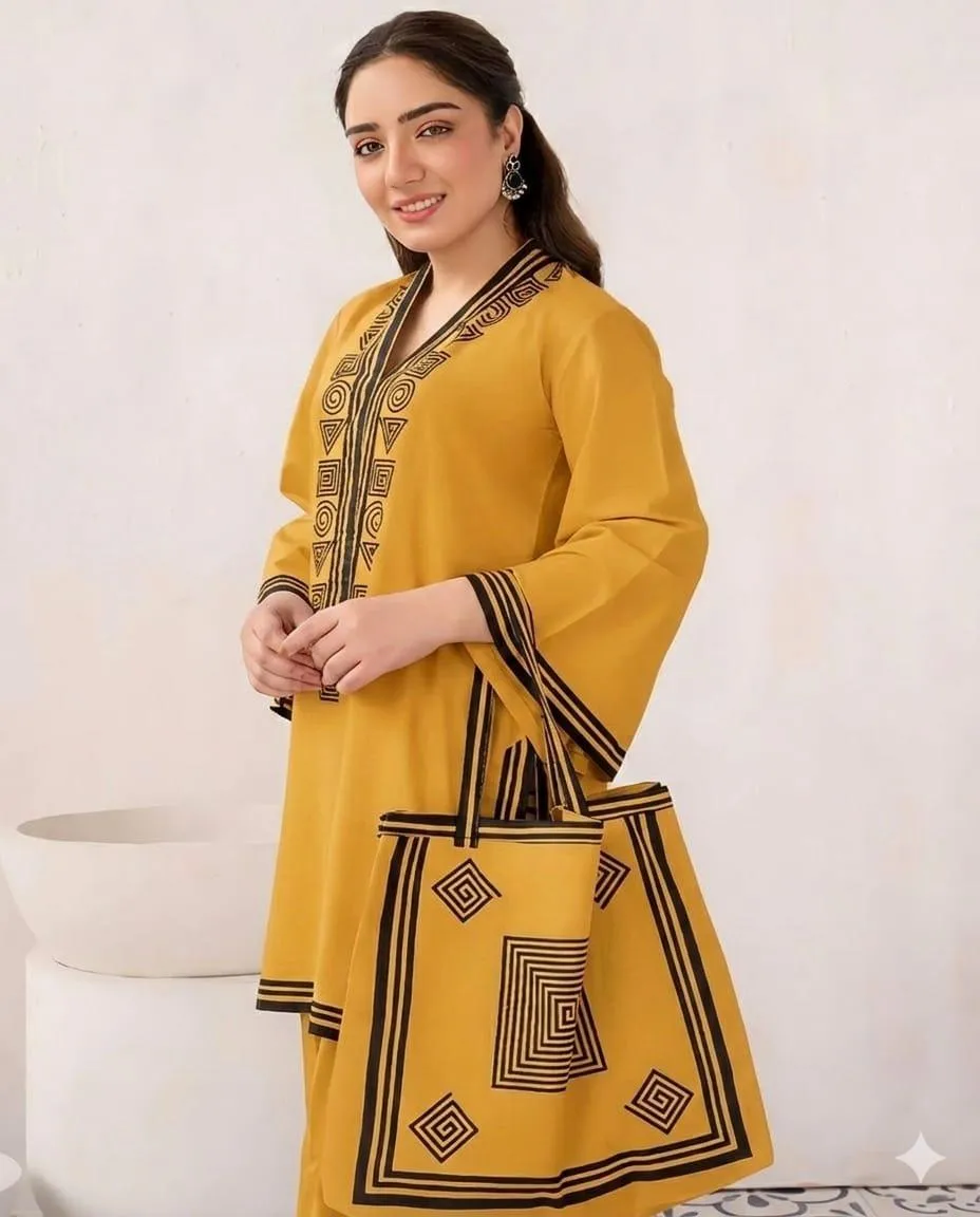 Women Linen Printed Shirt Trouser Set Mustard with Bag