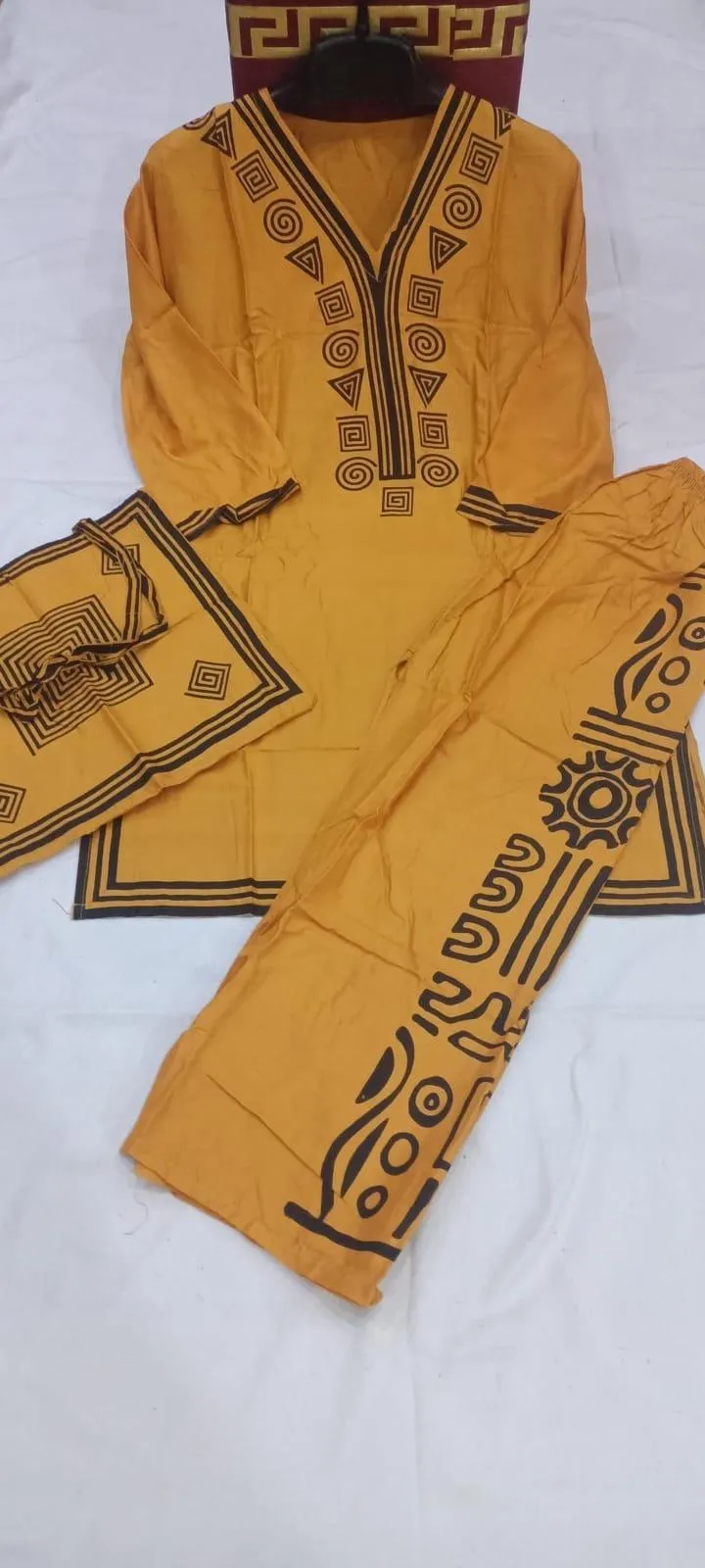 Women Linen Printed Shirt Trouser Set Mustard with Bag