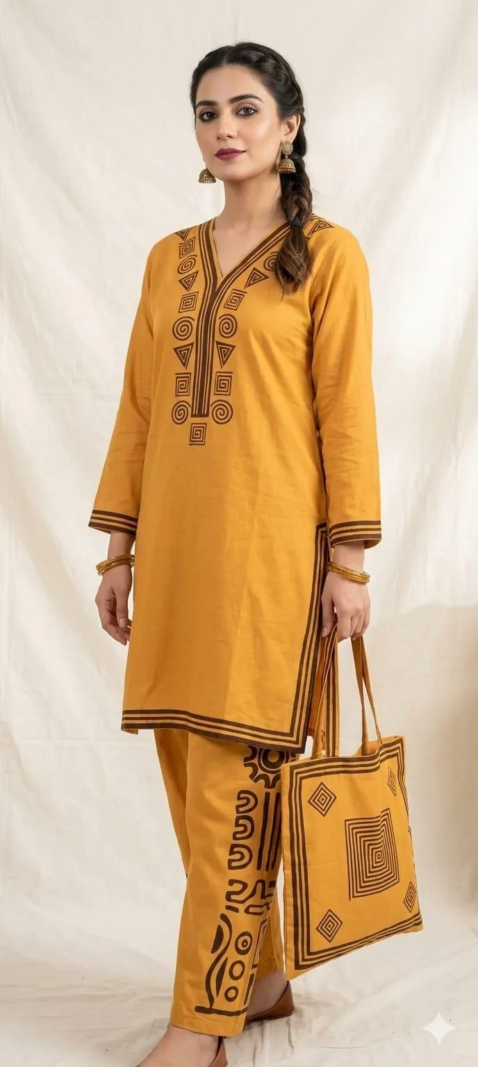 Women Linen Printed Shirt Trouser Set Mustard with Bag