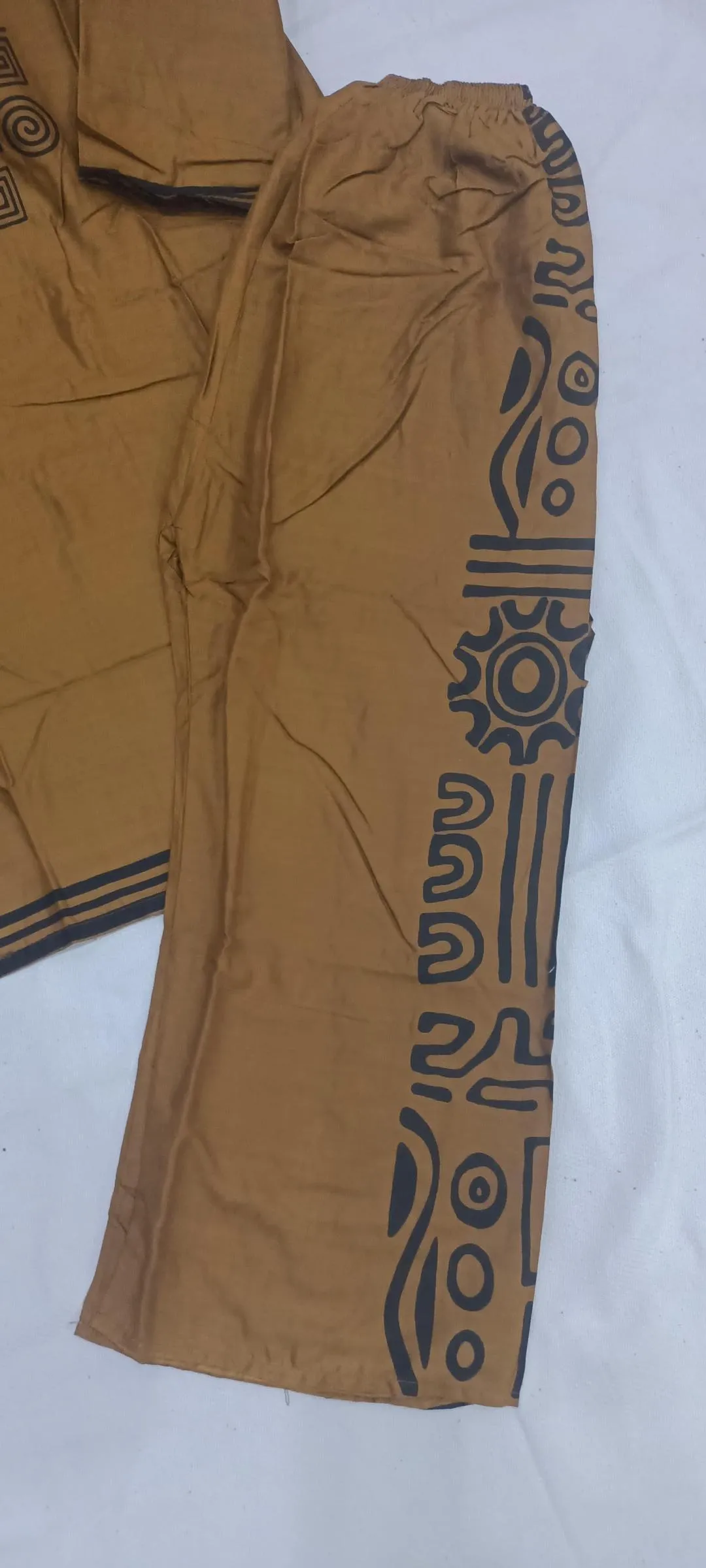 Brown Printed Linen 3Pc Set Shirt Trouser Bag