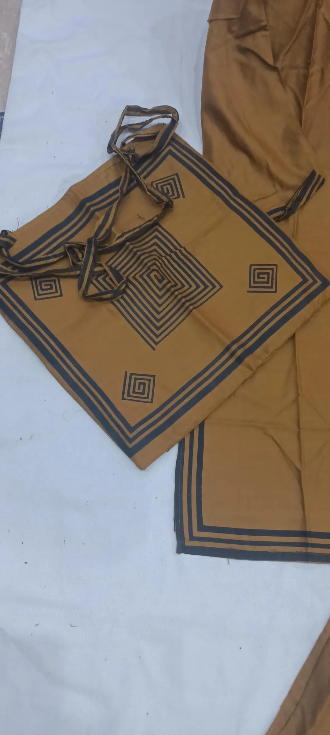 Brown Printed Linen 3Pc Set Shirt Trouser Bag