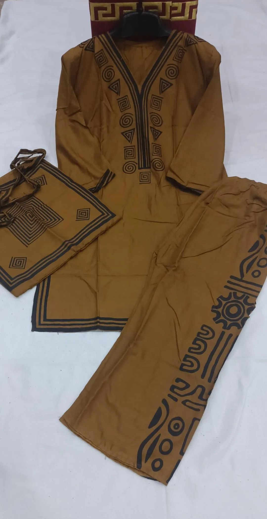 Brown Printed Linen 3Pc Set with Bag