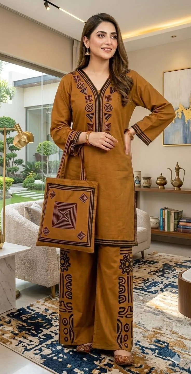 Brown Printed Linen 3Pc Set with Bag