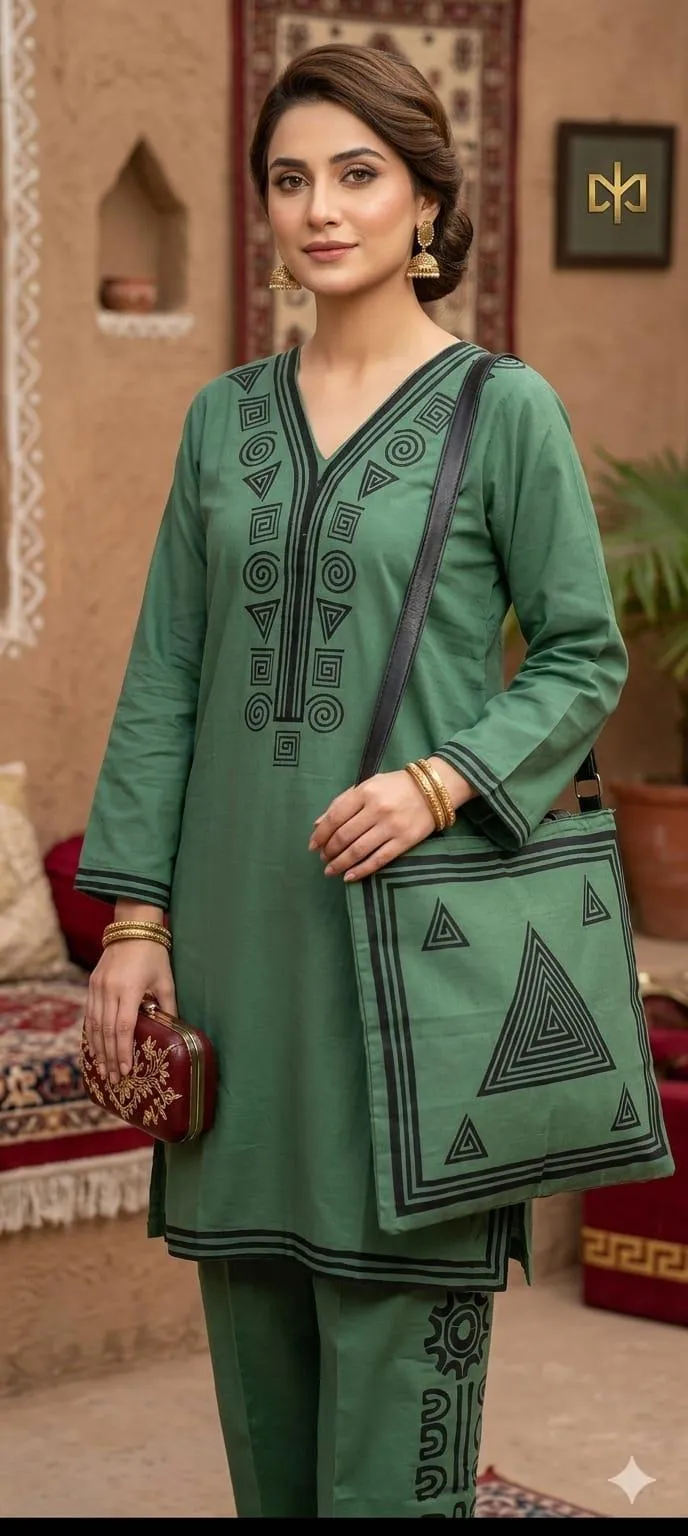 Linen 3-Piece Printed Set Green V-Neck