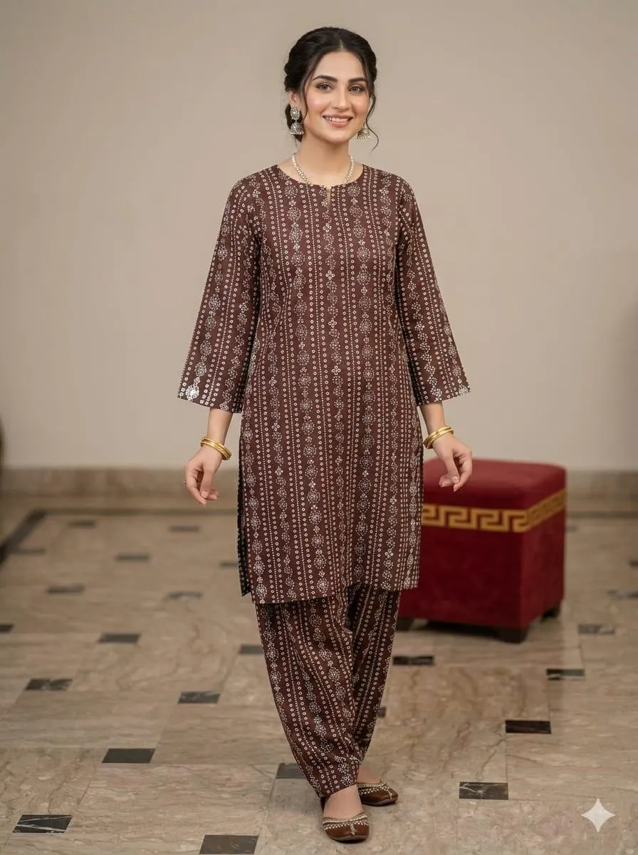 2 Pcs Women Linen Printed Kurta Pant Set Brown Summer