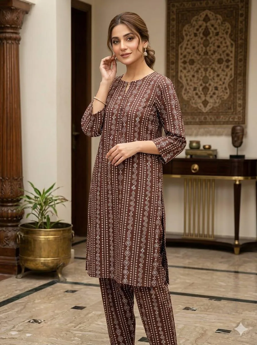 2 Pcs Women Linen Printed Kurta Pant Set Brown Summer