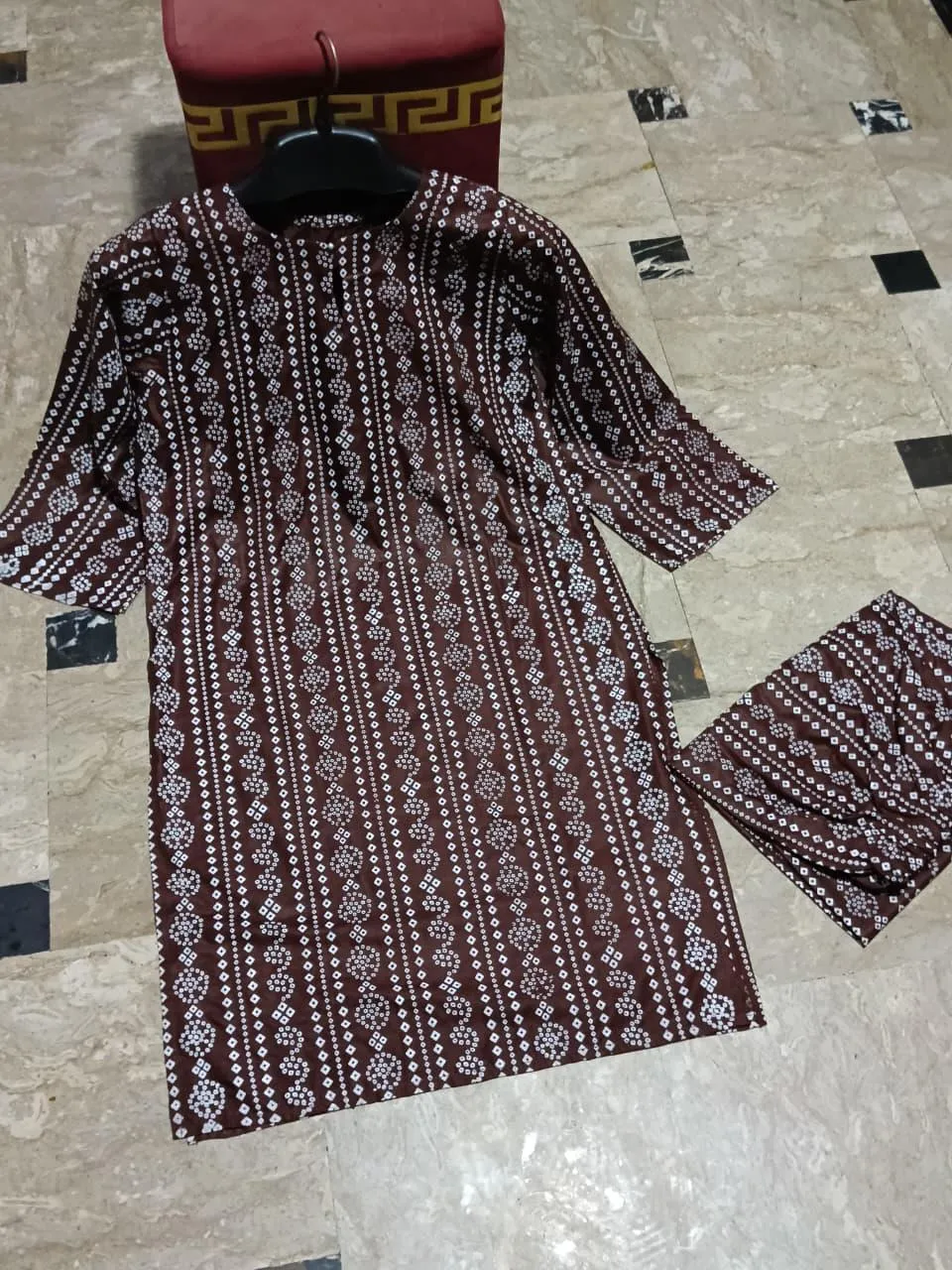 2 Pcs Women Linen Printed Kurta Pant Set Brown Summer