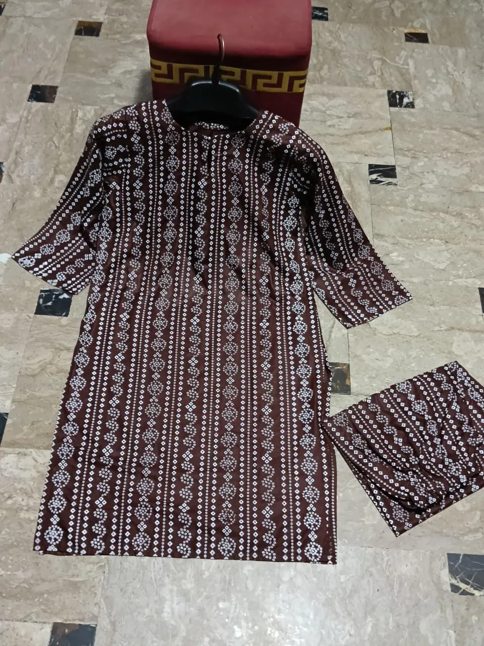 2 Pcs Women Linen Printed Kurta Pant Set Brown Summer