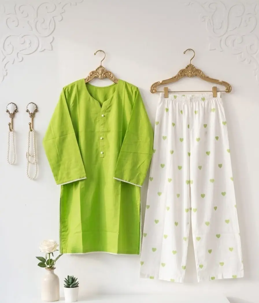 Trending 2 Pcs Women's Stitched Cotton heart style Shirt And printedTrouser