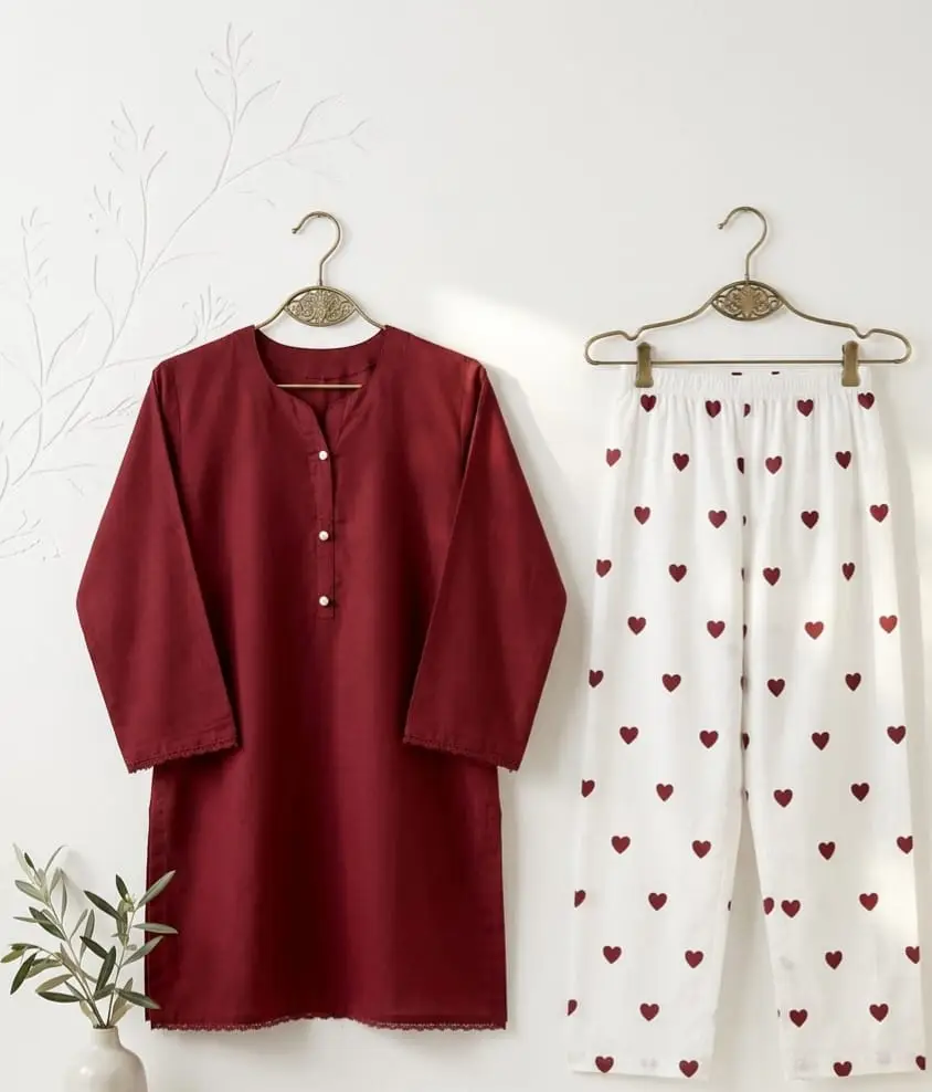 Trending 2 Pcs Women's Stitched Cotton heart style Shirt And printedTrouser