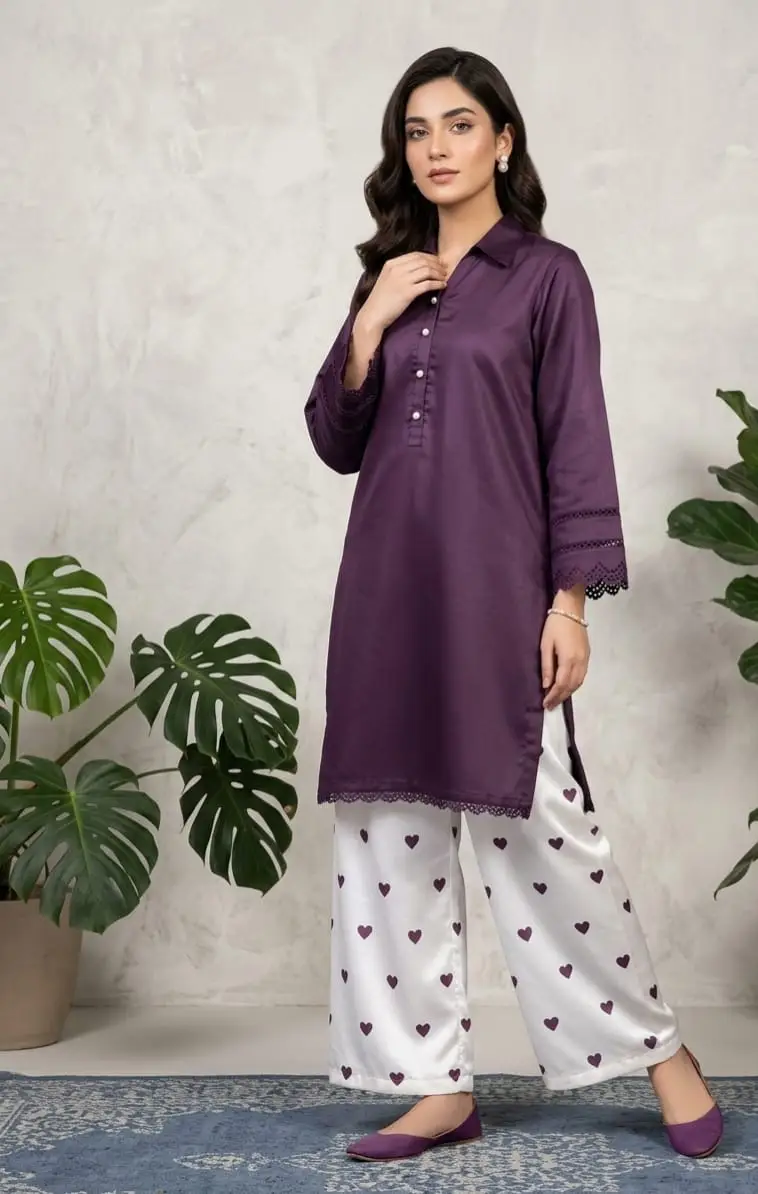 Trending 2 Pcs Women's Stitched Cotton heart style Shirt And printedTrouser