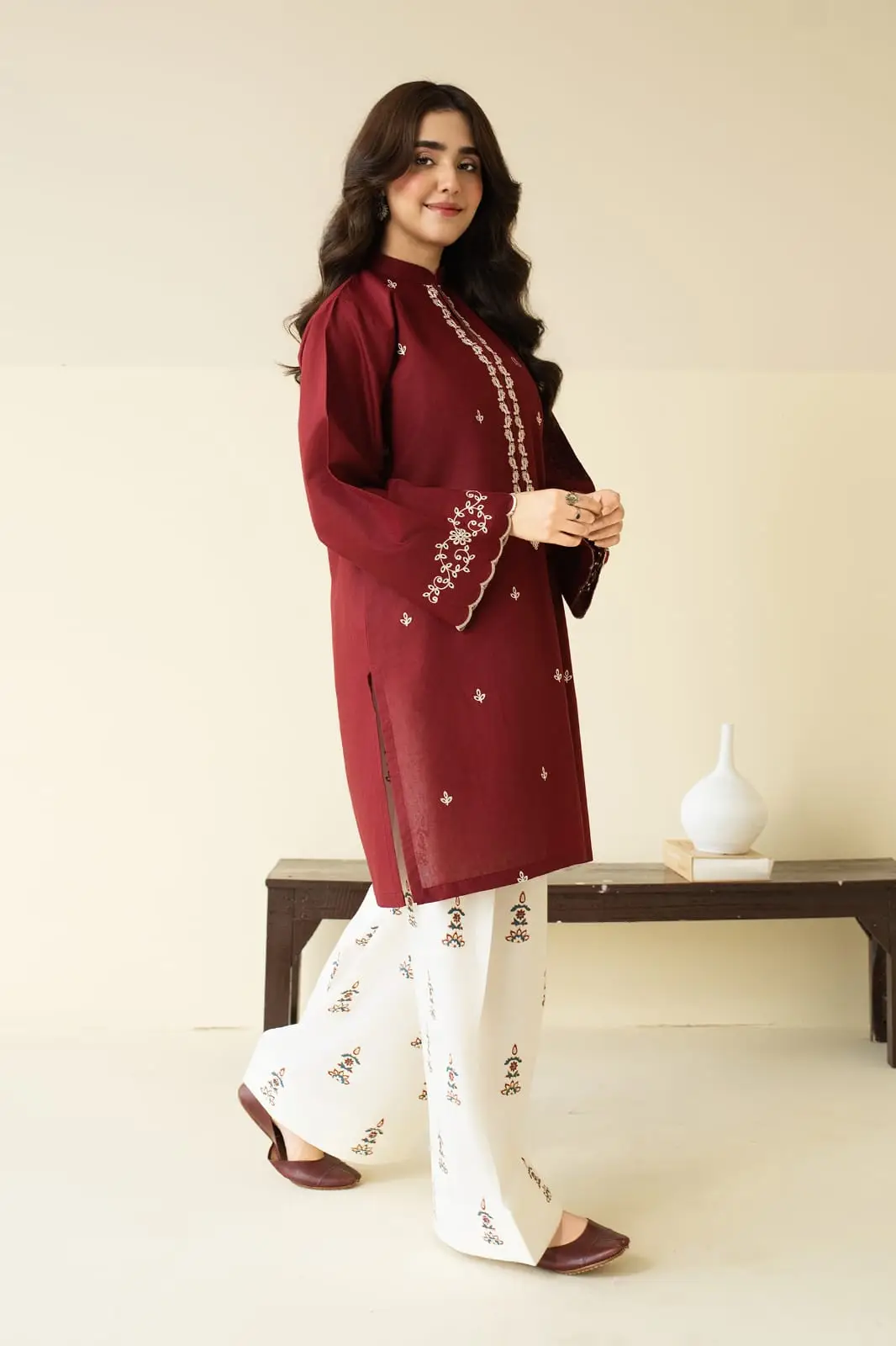 2 Pcs Women's Stitched Cotton Lawn Embroidered Shirt And Trouser