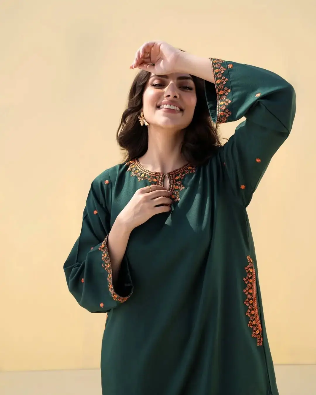 2 Pcs Women's Stitched Cotton Lawn green pocket style Embroidered Shirt And Trouser