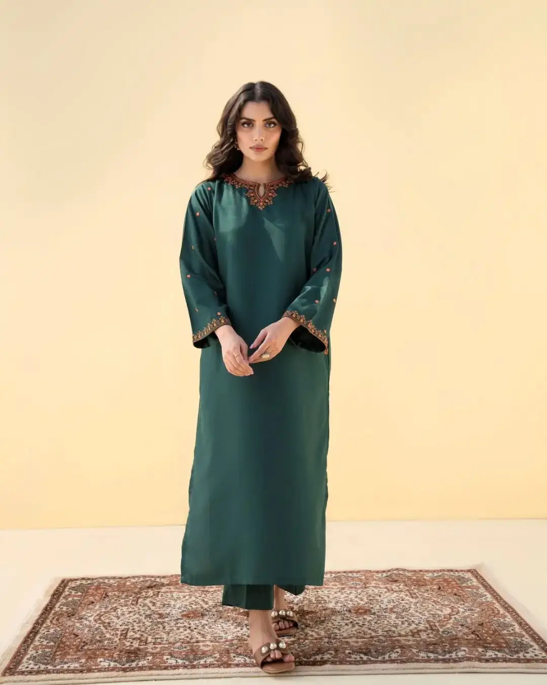 2 Pcs Women's Stitched Cotton Lawn green pocket style Embroidered Shirt And Trouser