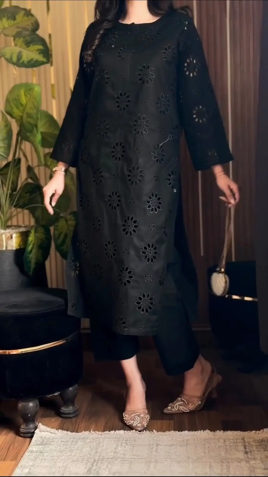 Black Boring2 Pcs Women's Stitched Cotton Embroidered Shirt And Trouser