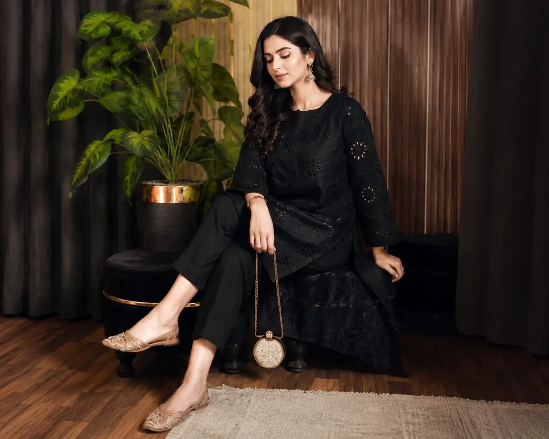 Black Boring2 Pcs Women's Stitched Cotton Embroidered Shirt And Trouser
