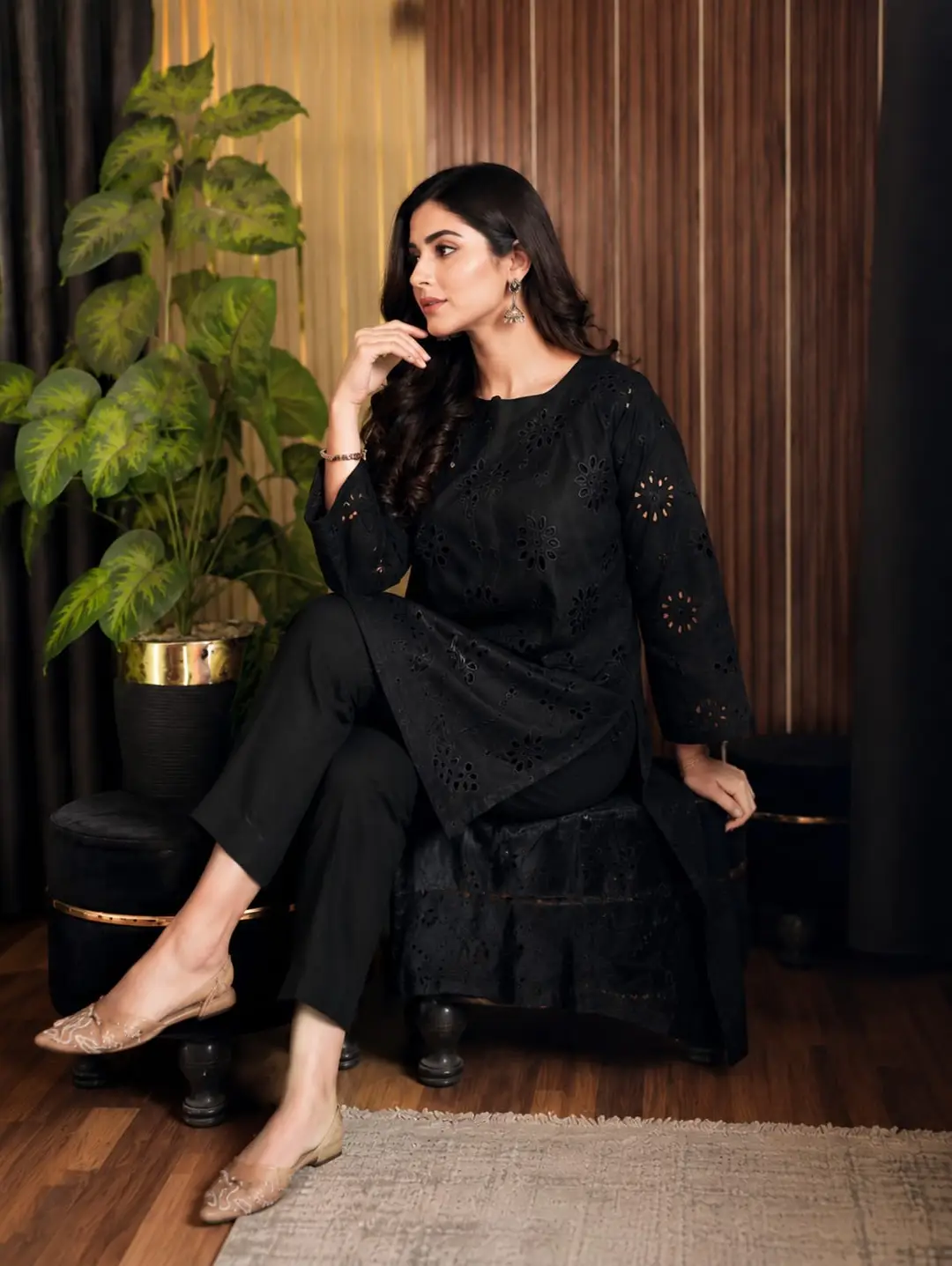 Black Boring2 Pcs Women's Stitched Cotton Embroidered Shirt And Trouser