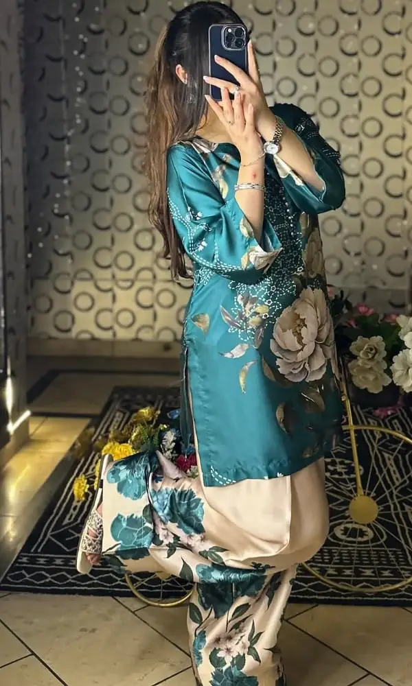 2 Pcs Women's Stitched Silk Printed Shirt And shalwar